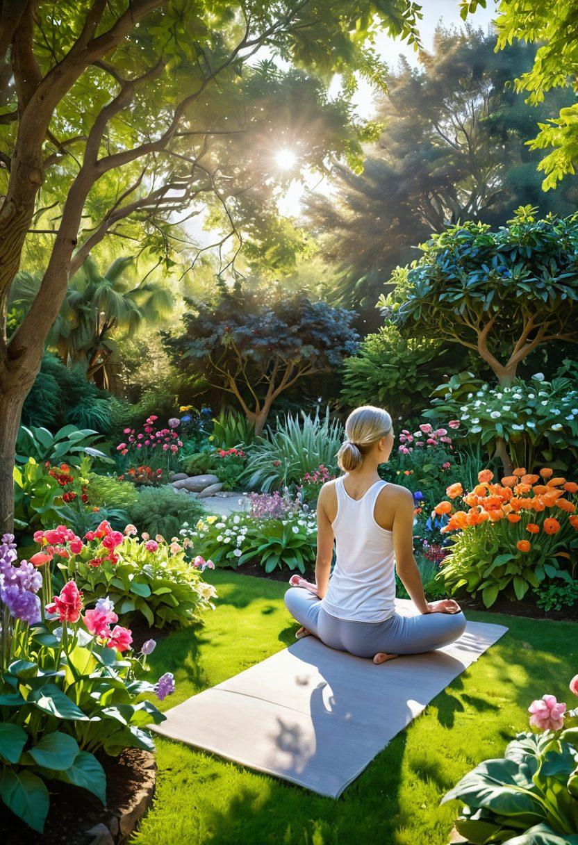 A serene landscape depicting a peaceful garden with vibrant flowers, a meditative figure practicing yoga, and a variety of healthy foods like fruits and vegetables arranged aesthetically. The scene conveys healing and hope, symbolizing holistic wellness for cancer survivors. Soft sunlight filters through lush trees, creating a calming atmosphere. pastel colors. nature-inspired. super-realistic.
