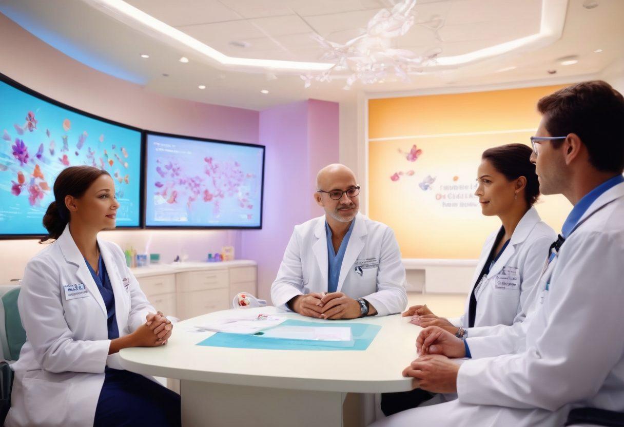 A serene and hopeful scene depicting a diverse group of oncologists discussing innovative treatment options in a bright, modern clinic. The background features futuristic medical technology and colorful infographics showcasing advancements in cancer research. Incorporate symbols of hope like butterflies and blooming flowers subtly in the design. warm lighting, soft focus. vibrant colors. super-realistic.
